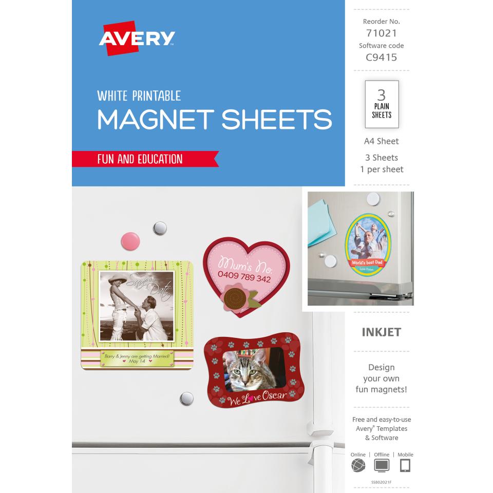 Avery Magnet Sheets 210 x 297mm Inkjet Printer A4 White Pack 3 Sheets