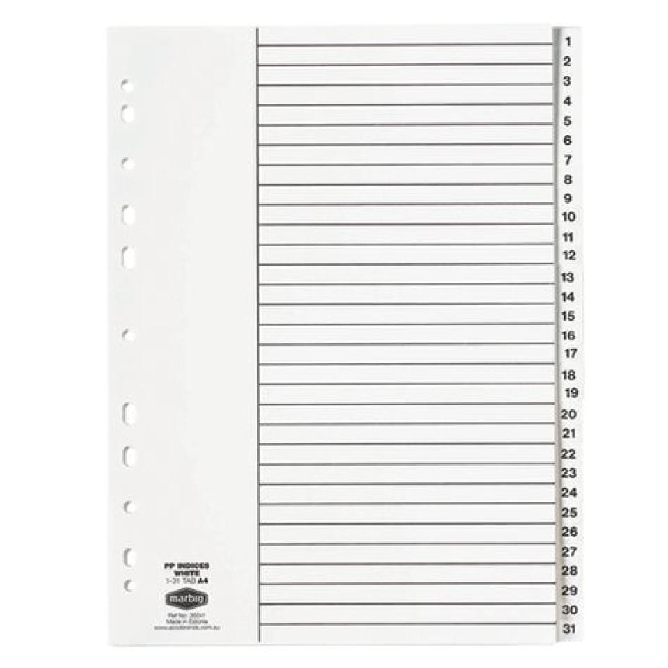 WHITE TABS 1-31 NUMBERED DIVIDERS A4 FILE FILLING DIVIDER WHITE INDEX TABS