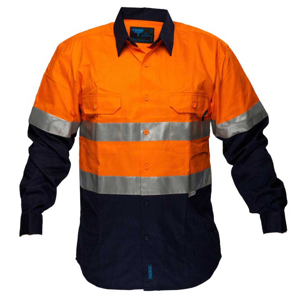 Prime Mover MF101 100% Cotton Drill Fire Retardant Shirt With Tape Orange/Navy S