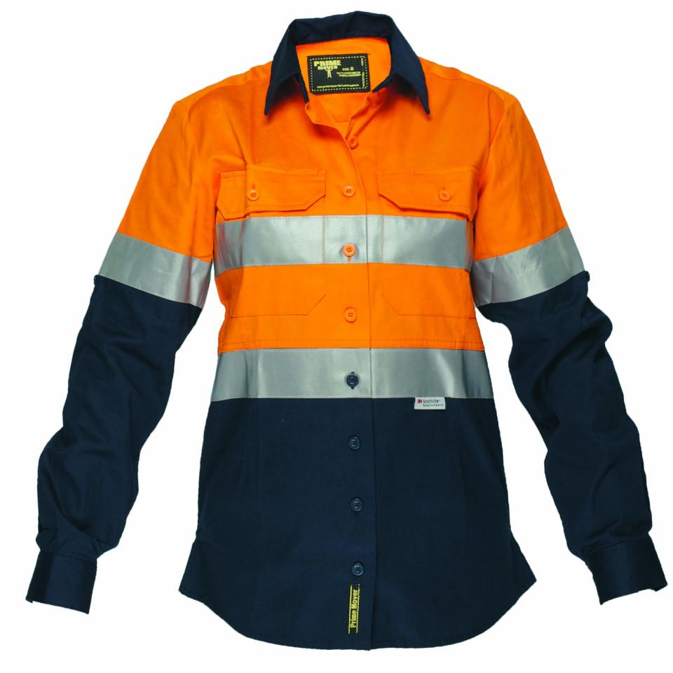Prime Mover ML108 Ladies 100% Cotton Drill 185gsm Long Sleeve Shirt W/Tape Orange/Navy 6