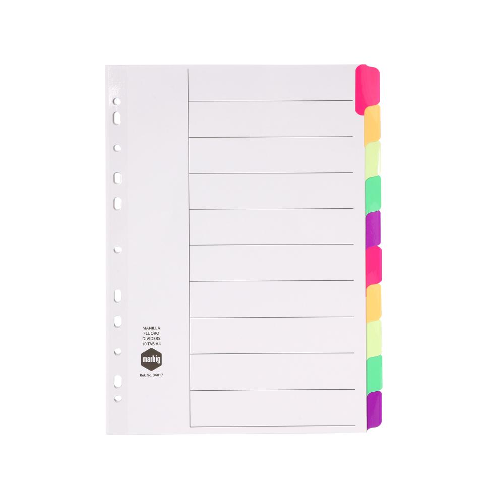 Marbig Dividers Manilla Plastic Fluoro Tab A4 White 10 Tab | Winc