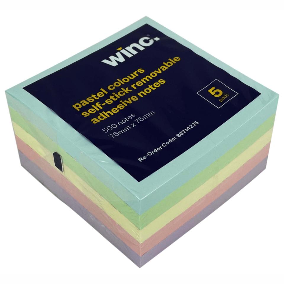 Winc Self-Stick Removable Notes 76 x 76mm Pastel Pack 5