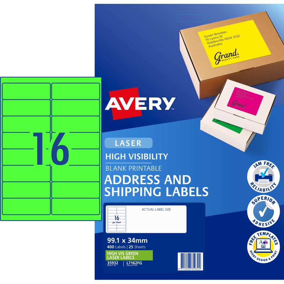 Avery Fluoro Green Shipping Labels for Laser Printers - 99.1 x 34mm - 400 Labels ( L7162FG)