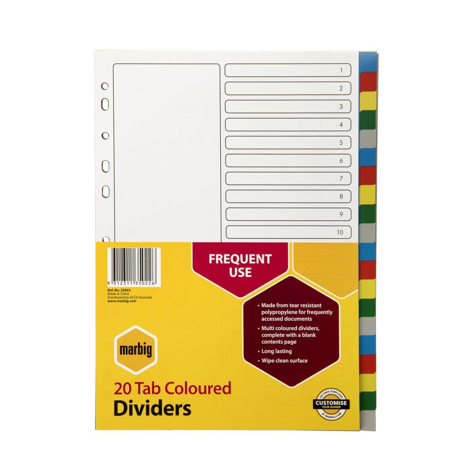 Marbig Dividers A4 Polypropylene Coloured 20 Tab