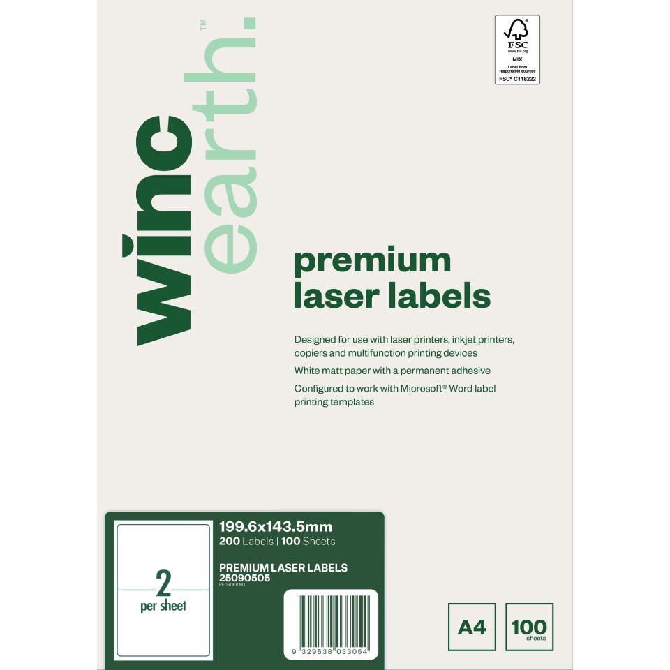 Winc Earth Premium Laser Labels 199.6 x 143.5mm 2 Per Sheet Pack of 100 Sheets