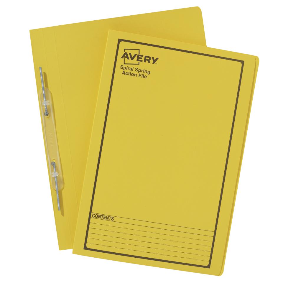 Avery Spiral Spring Action File Yellow with Black Print Foolscap 355 x 241mm