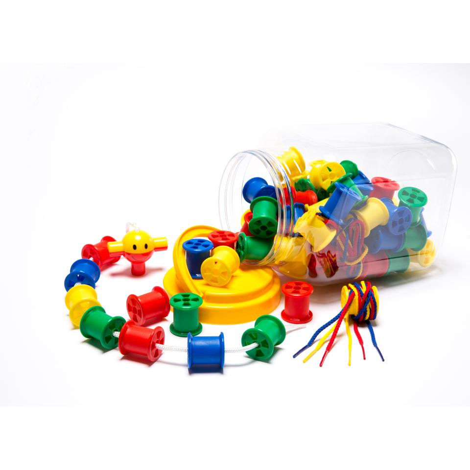 EC Learning Can Be Fun Counters Cotton Reels Tub 80 With 8 Laces