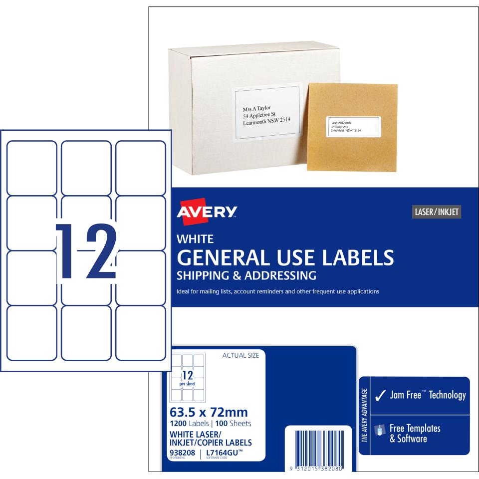 Avery General Use Labels - 63.5 x 72mm - 1200 Labels ( L7164GU)