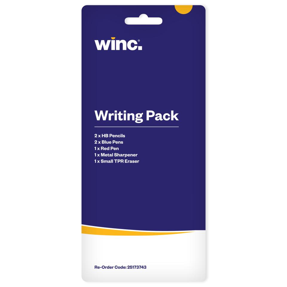 Winc Writing Pack - 2 HB Pencils/ 2 Blue Pens/ 1 Red Pen/ 1 Metal Sharpener/ 1 Small PVC Eraser Image