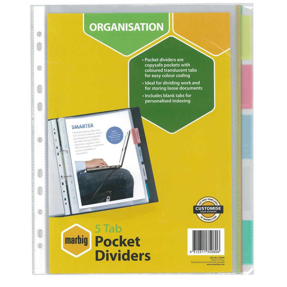 Marbig Dividers A4 Polypropylene Pocket Coloured 5 Tab