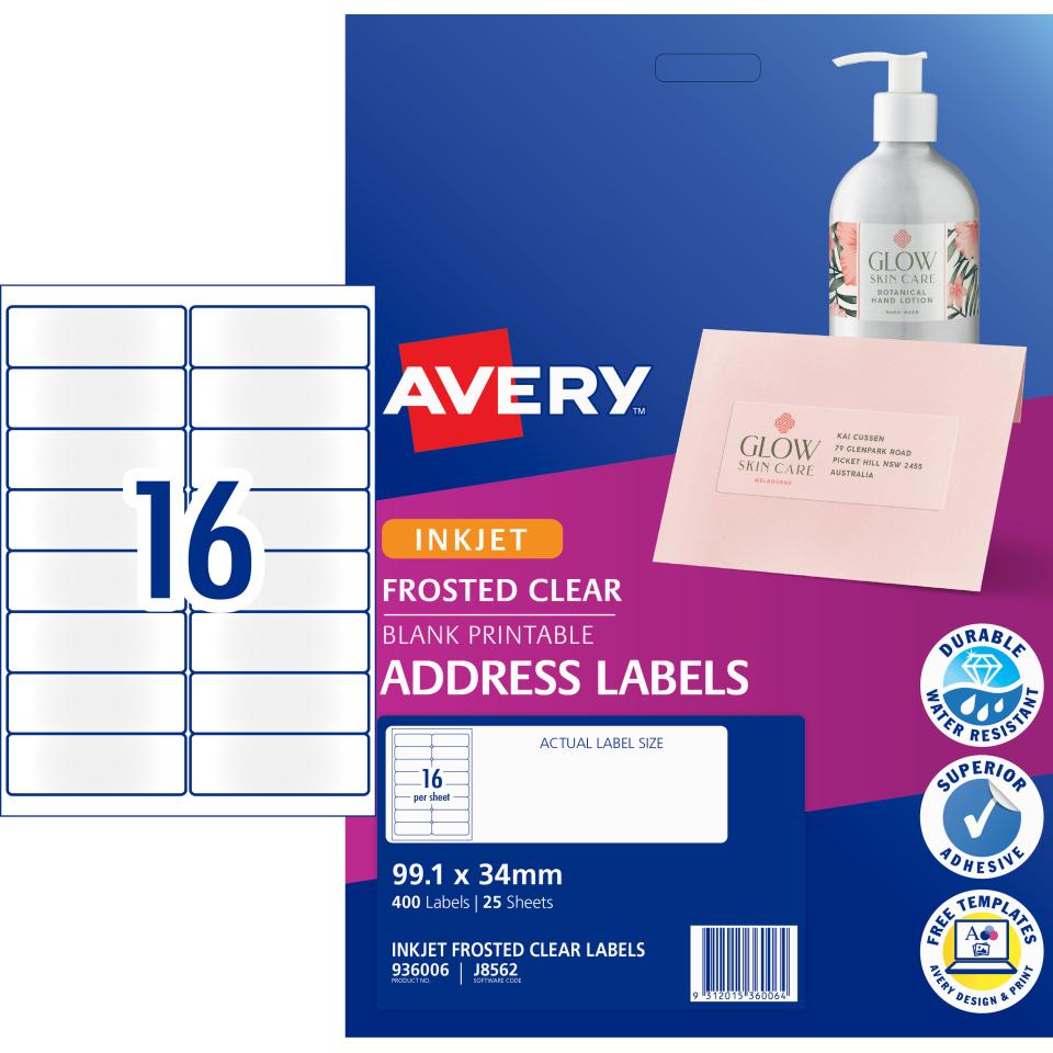 Avery Frosted Clear Address Labels for Inkjet Printers - 99.1 x 34mm - 400 Labels (J8562)