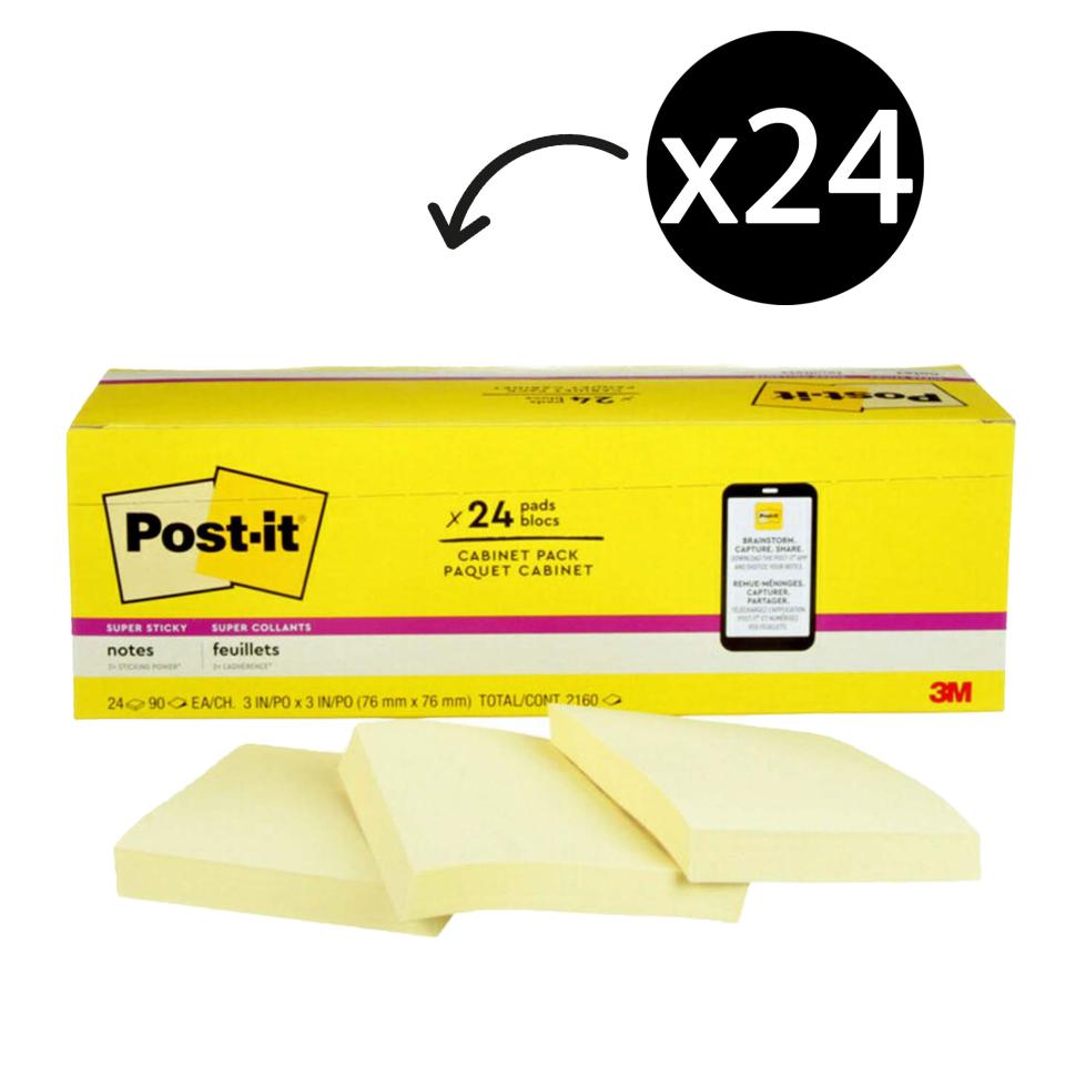 Post-it Super Sticky Recycled Notes Cabinet Pack Canary Yellow 24 Pads / 90 Sheets