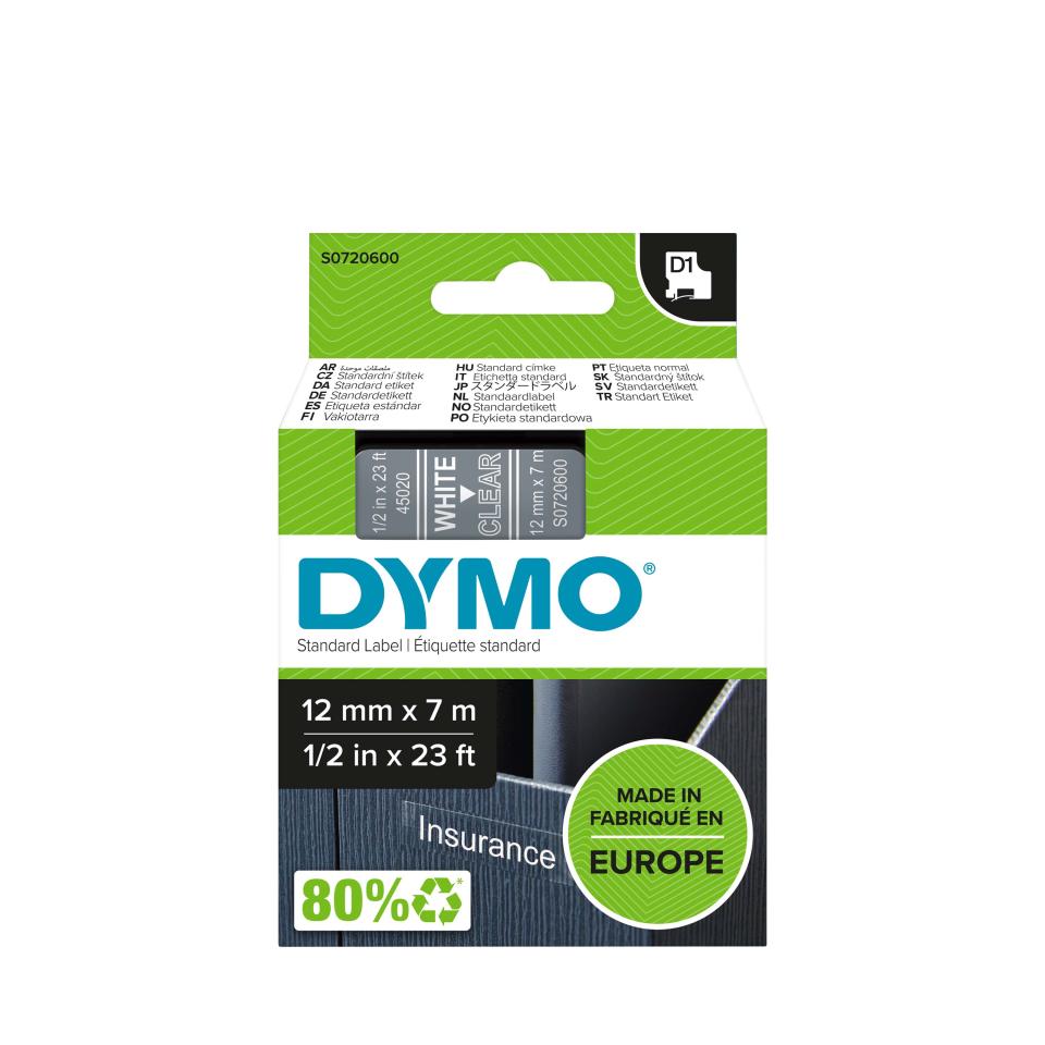 Dymo D1 Label Printer Tape 12mm x 7m White On Clear