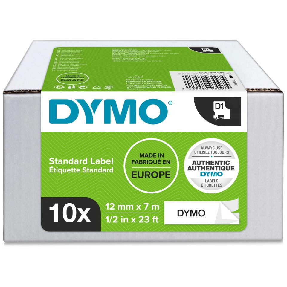 Dymo D1 Label Cassette Tape 12mm x 7m  Black On White Value Pack 10 Image