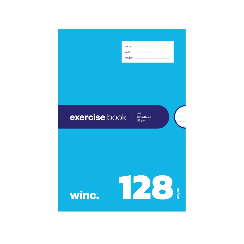 Winc Exercise Book A4 8mm Ruled Red Margin 56gsm 128 Pages