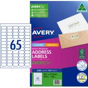 Avery Premium White Inkjet Laser Addressing Labels with AveryEco 65UP 100 Sheets 38.1 x 21.2mm L7651