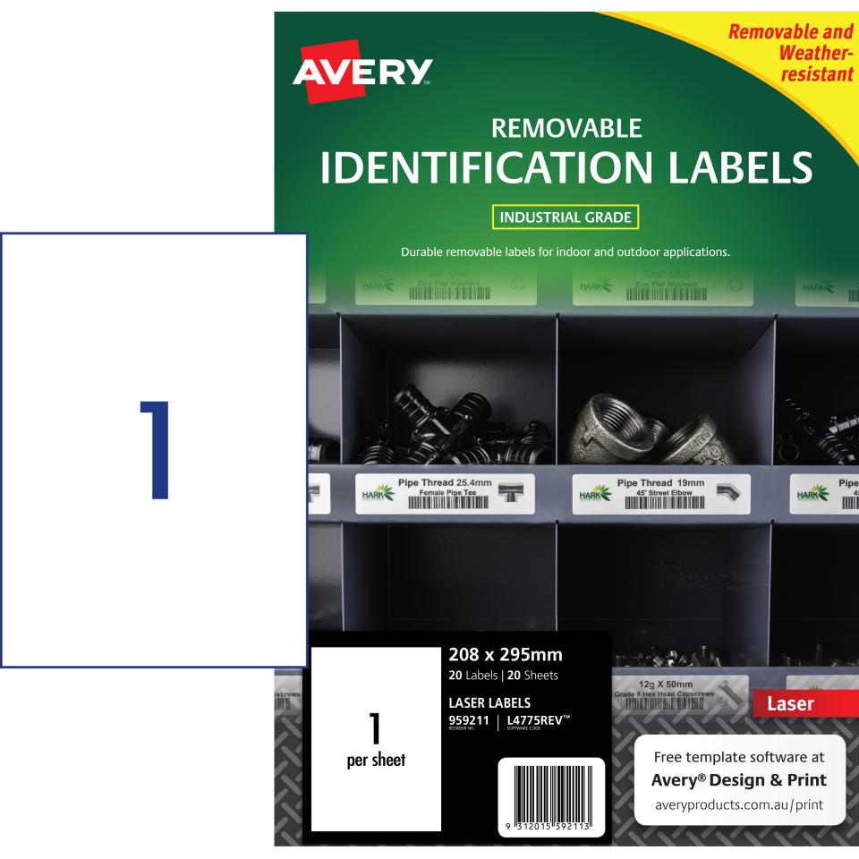 Avery Removable  Label White L4775rev - 1up 208x295mm Pkt 20