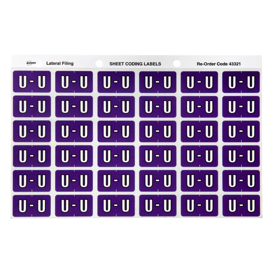 Avery U Side Tab Colour Coding Labels for Lateral Filing - 25 x 38mm - Purple - 180 Labels