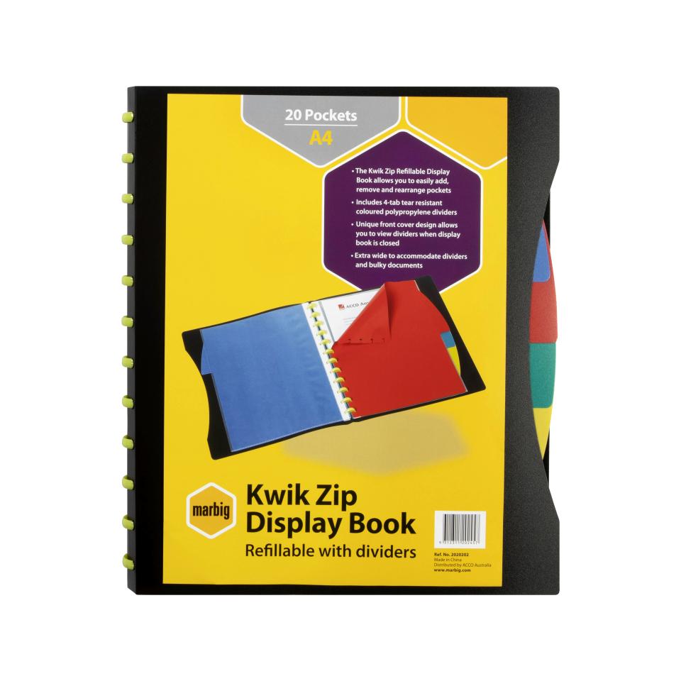 MARBIG DISPLAY BOOK REFILLABLE 20 POCKET A4 CLEAR/BLACK