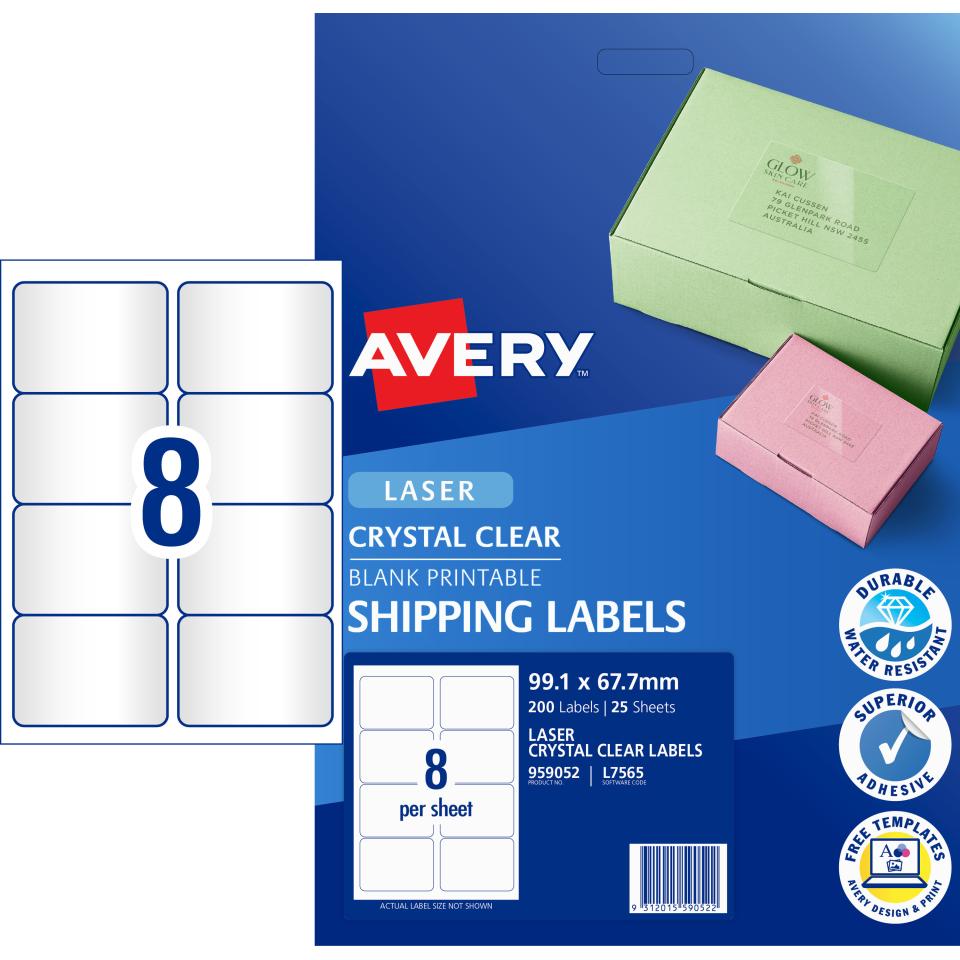 Avery Crystal Clear Shipping Labels for Laser Printers - 99.1 x 67.7mm - 200 Labels (L7565)