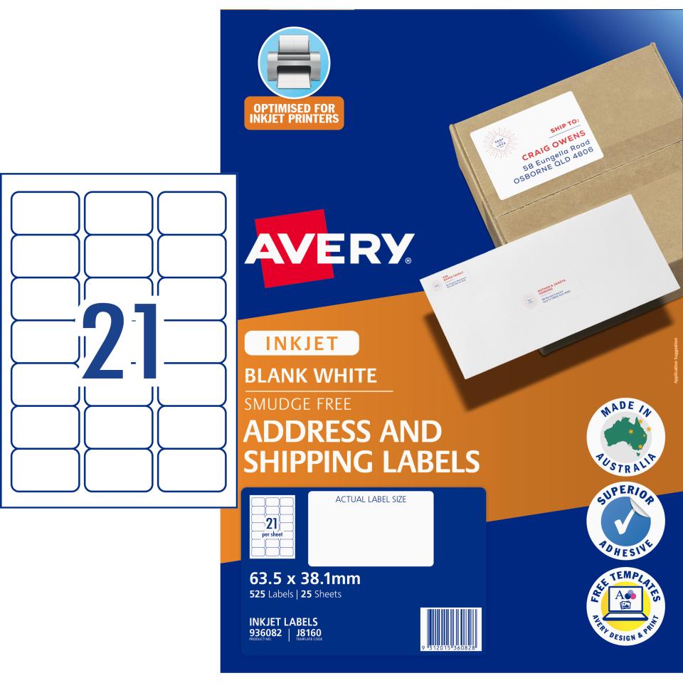 Avery J8160 Address Labels with Quick Peel for Inkjet Printers 63.5 x 38.1mm 525 Labels 