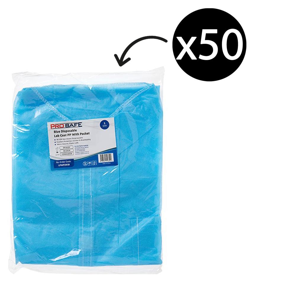 ProSafe Disposable Lab Coat With Pocket And Hook and Loop Closures Blue Carton 50