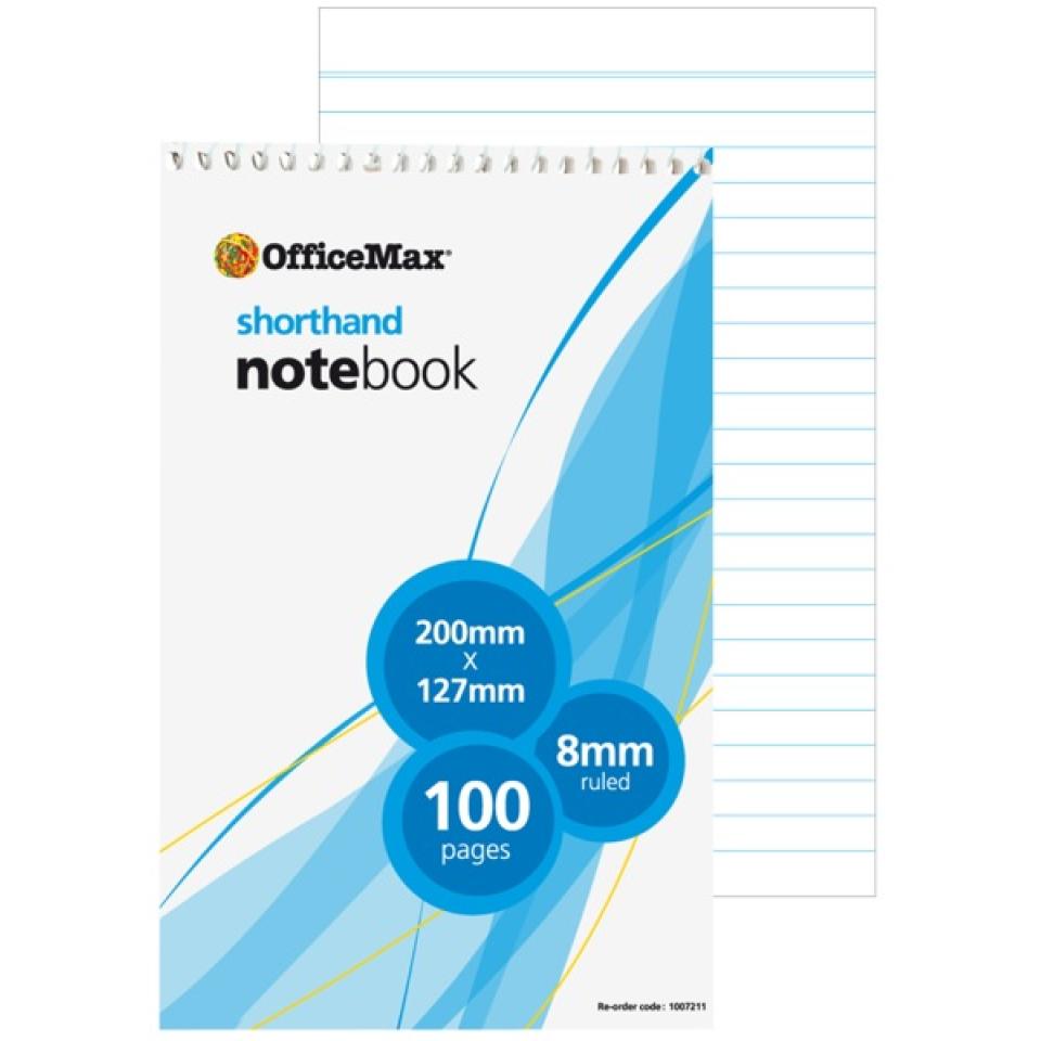 Officemax Shorthand Notebook 200x127mm 8mm Ruled Top Opening 100 Pages