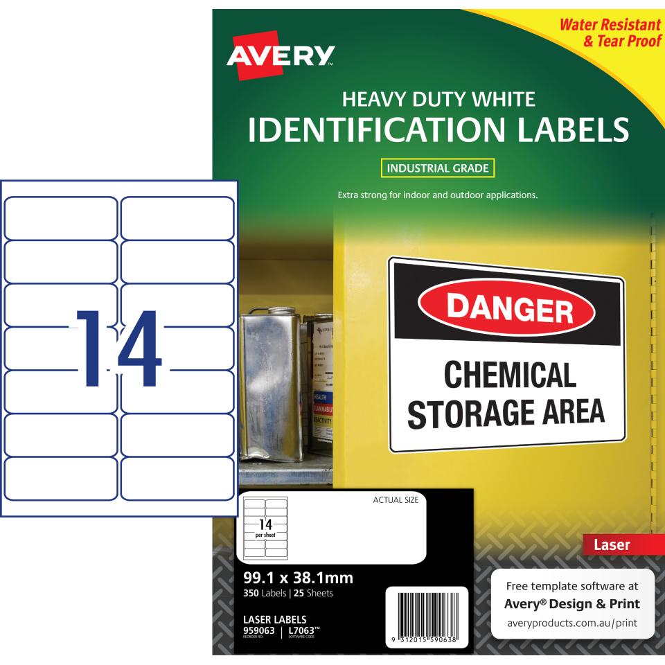 Avery White Heavy Duty Labels for Laser Printers - 99.1 x 38.1 mm - 350 Labels (L7063)