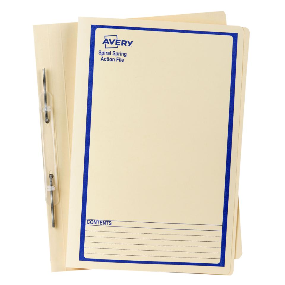 Avery Spiral Spring Action File Foolscap 355 x 241mm Buff with Blue Print