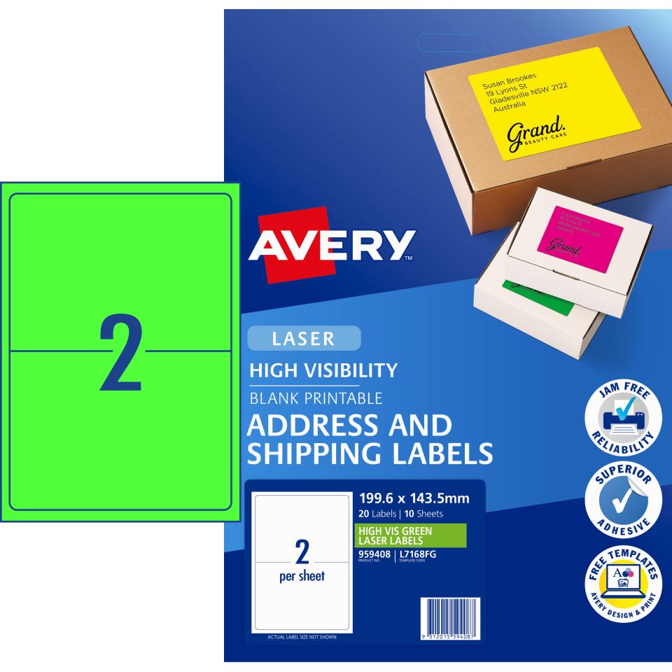 Avery Fluoro Green Shipping Labels for Laser Printers - 199.6 x 143.5mm - 20 Labels (L7168FG)