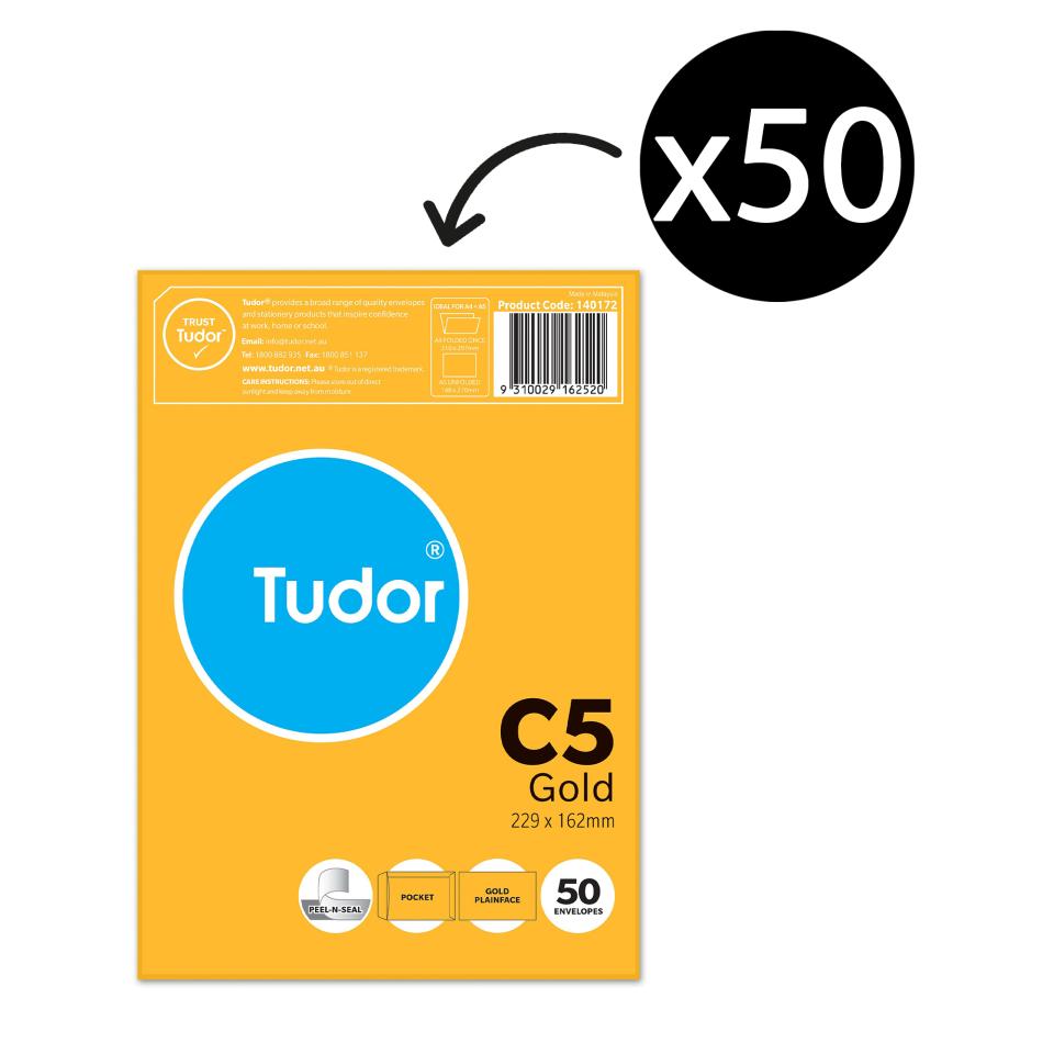 Tudor Envelopes C5 229X162 Painface Peel-N-Seal Gold Pack 50