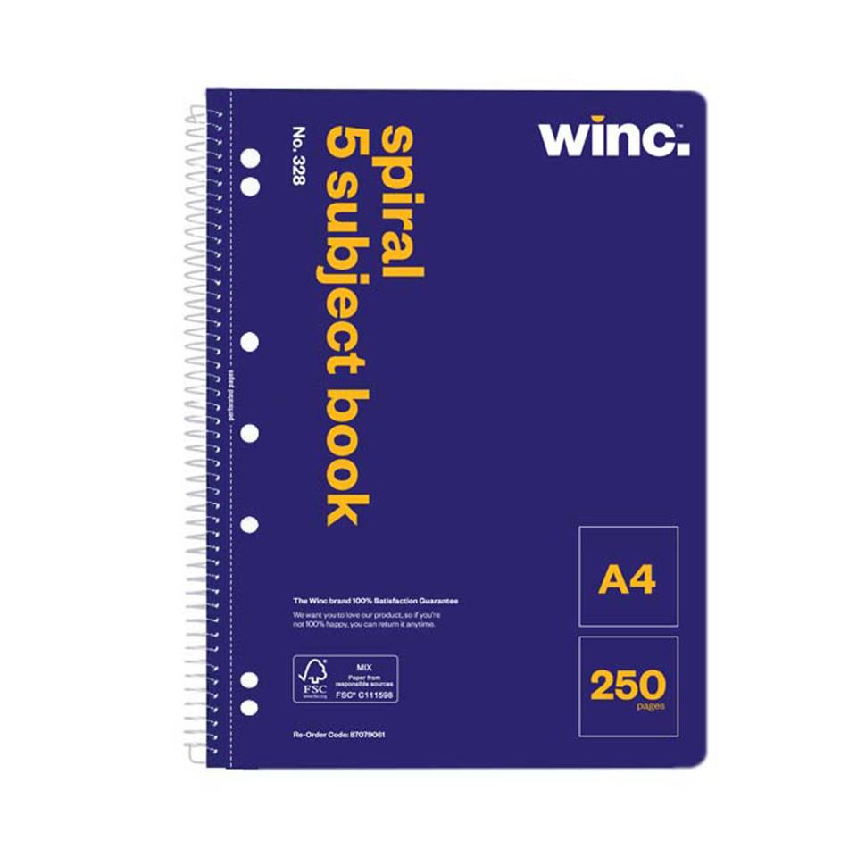 Winc Spiral 5 Subject Book A4 No.328 Perforated 250 Page