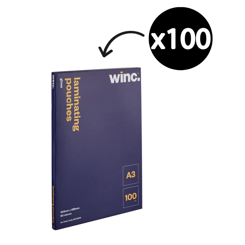Winc A3 80 Micron Gloss Laminating Pouches Pack 100