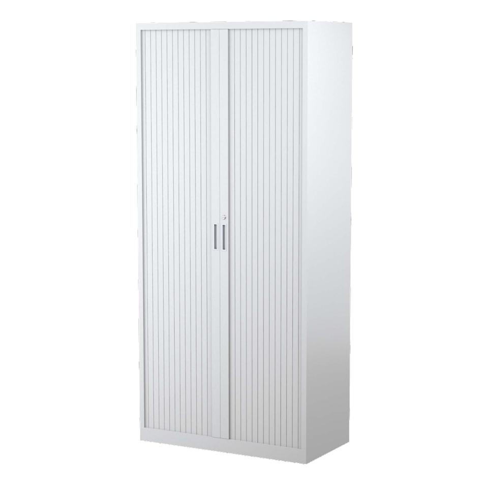 Steelco Tambour Cabinet 5 Adjustable Shelves Lockable 2000H x 900W x 463Dmm White Satin