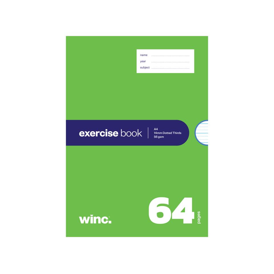 Winc Exercise Book A4 14mm Thirds Red Margin 56gsm 64 Pages