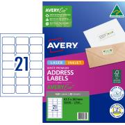 Avery Premium White Inkjet Laser Adressing Labels with AveryEco 21UP 20 Sheets 63.5 x 38.1mm L7160
