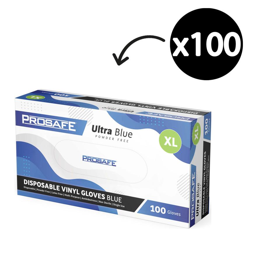 Prosafe UItra Blue Disposable Vinyl Gloves Powder Free Blue Size XL Box 100