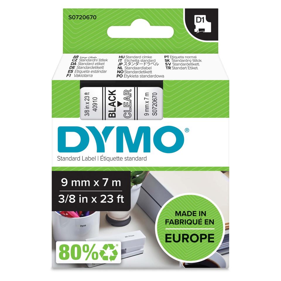 Dymo D1 Label Printer Tape 9mm x 7m Black On Clear