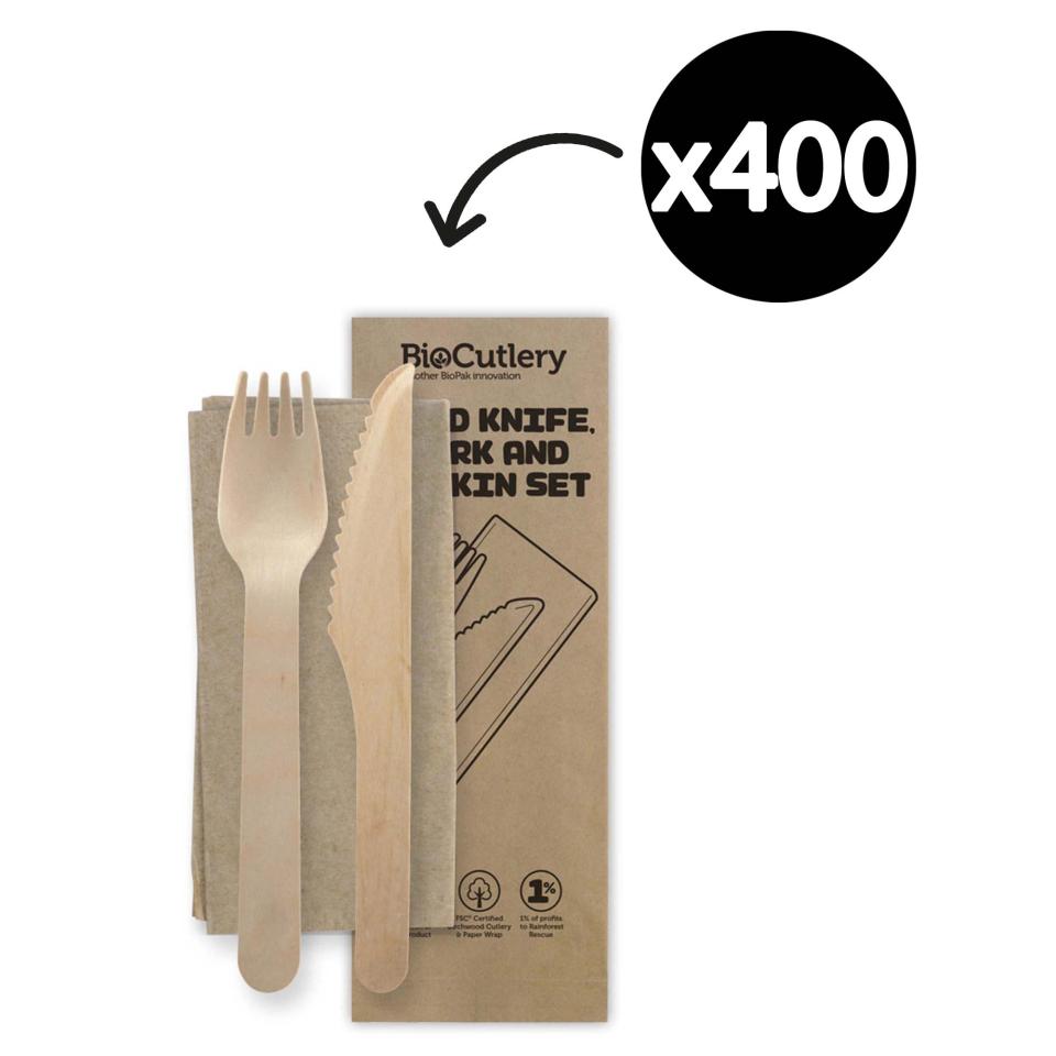 Biocutlery Disposable Wood Knife/Fork/Napkin Set Carton 400