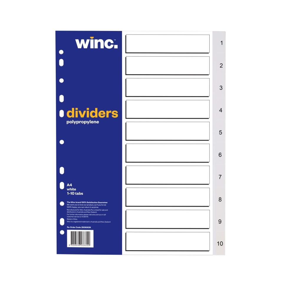Winc Dividers A4 Polypropylene 1-10 Numerical White Tab