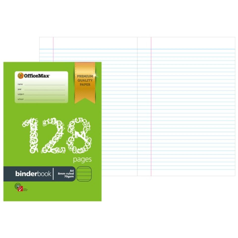 Officemax A4 Premium Binder Book 8mm Ruled 70gsm Red Margin 128 Pages Winc