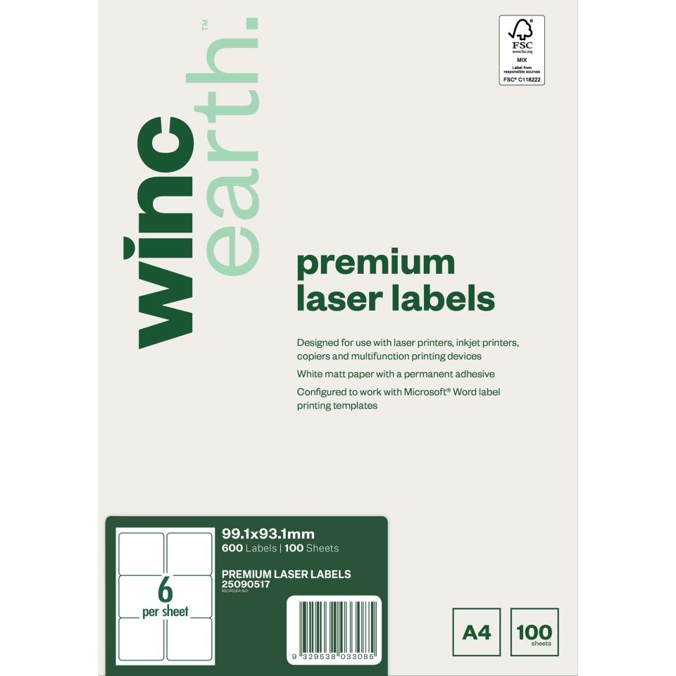 Winc Earth Premium Laser Labels  99.1x93.1mm 6 Per Sheet Pack of 100 Sheets