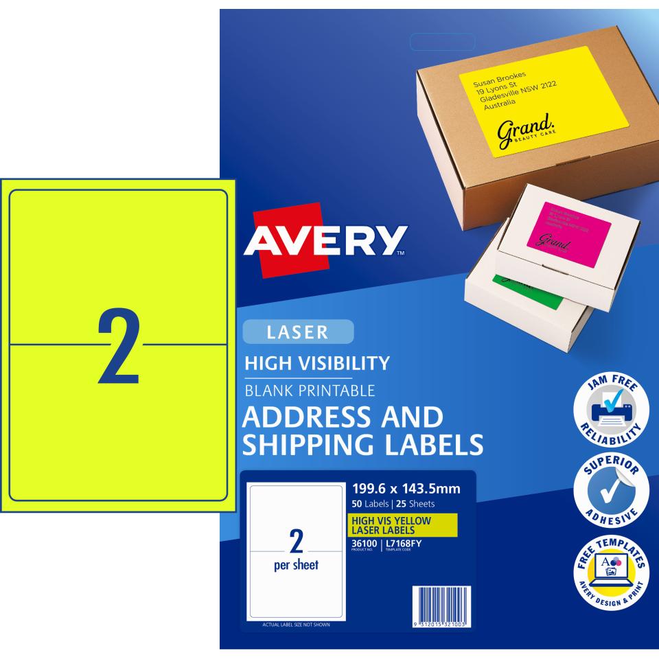 Avery Fluoro Yellow High Visibility Shipping Labels - 199.6 x 143.5mm - 50 Labels (L7168FY)