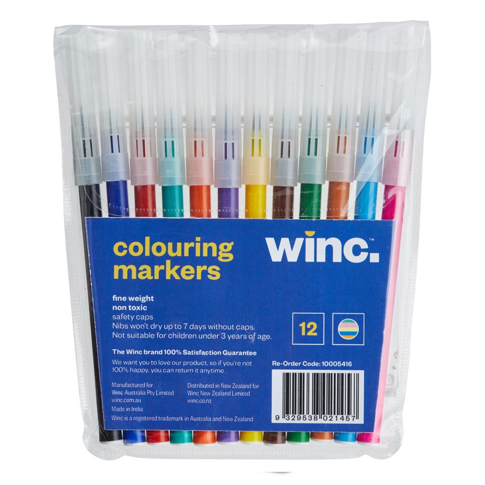 Winc Fine Coloured Markers Assorted Pack 12