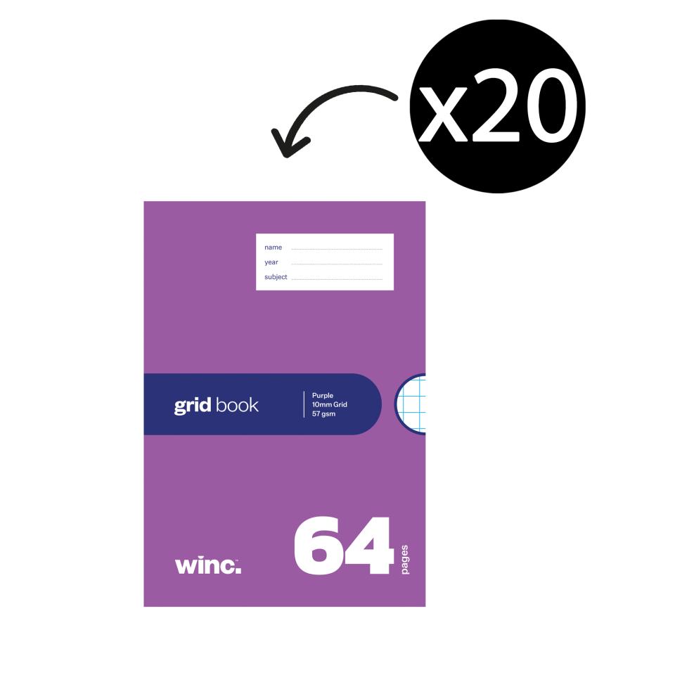 Winc Exercise Book NSW 250x175mm 10mm Grid 57gsm Purple 64 Pages Pack Of 20