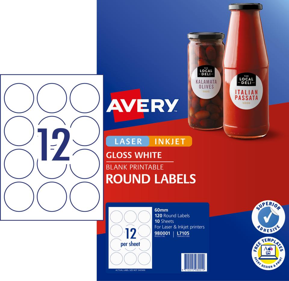 Avery Glossy Round Labels 60mm diameter 120 Labels (L7105) Winc
