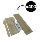 Wooden Cutlery Pack Full Set With Napkin + Salt + Pepper And Sugar Carton 400