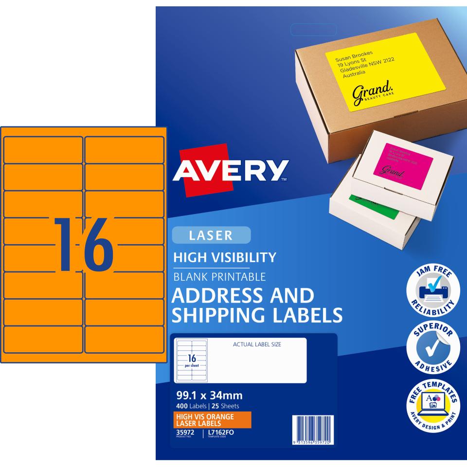 Avery Fluoro Orange Shipping Labels for Laser Printers - 99.1 x 34mm - 400 Labels (L7162FO)