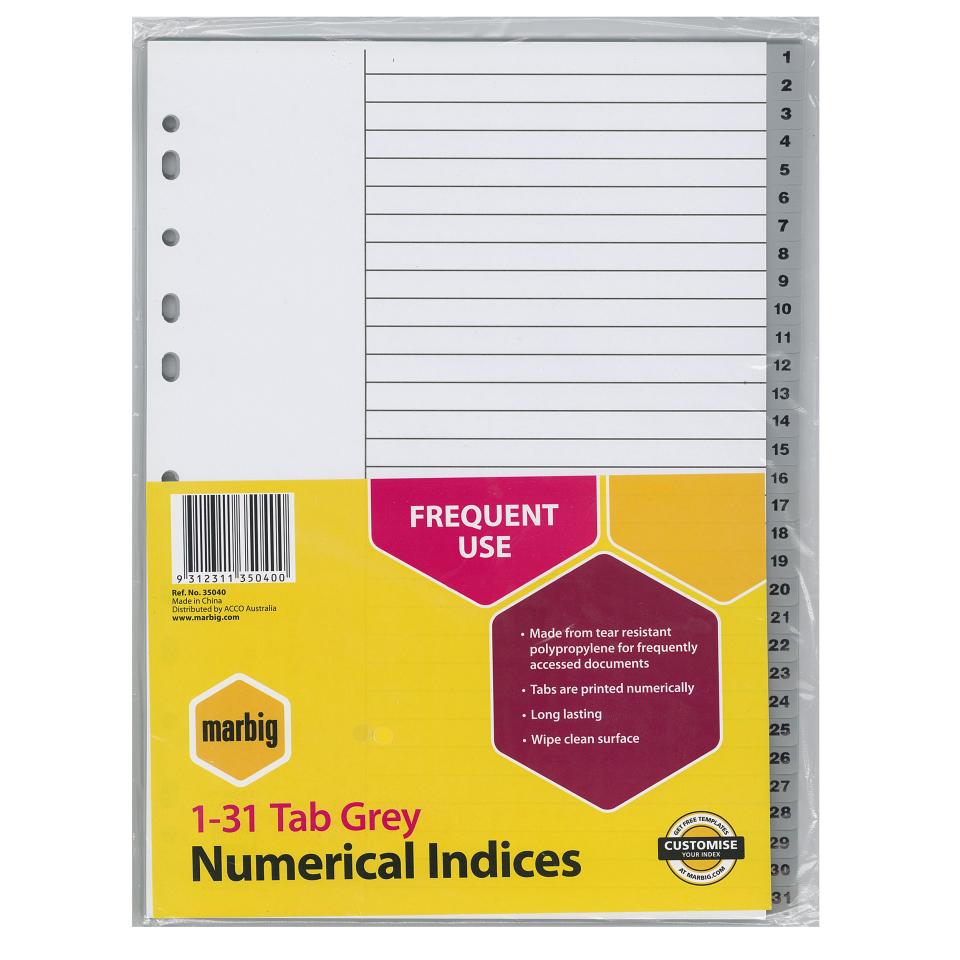 Marbig Dividers A4 Polypropylene 1-31 Numerical Grey Tab