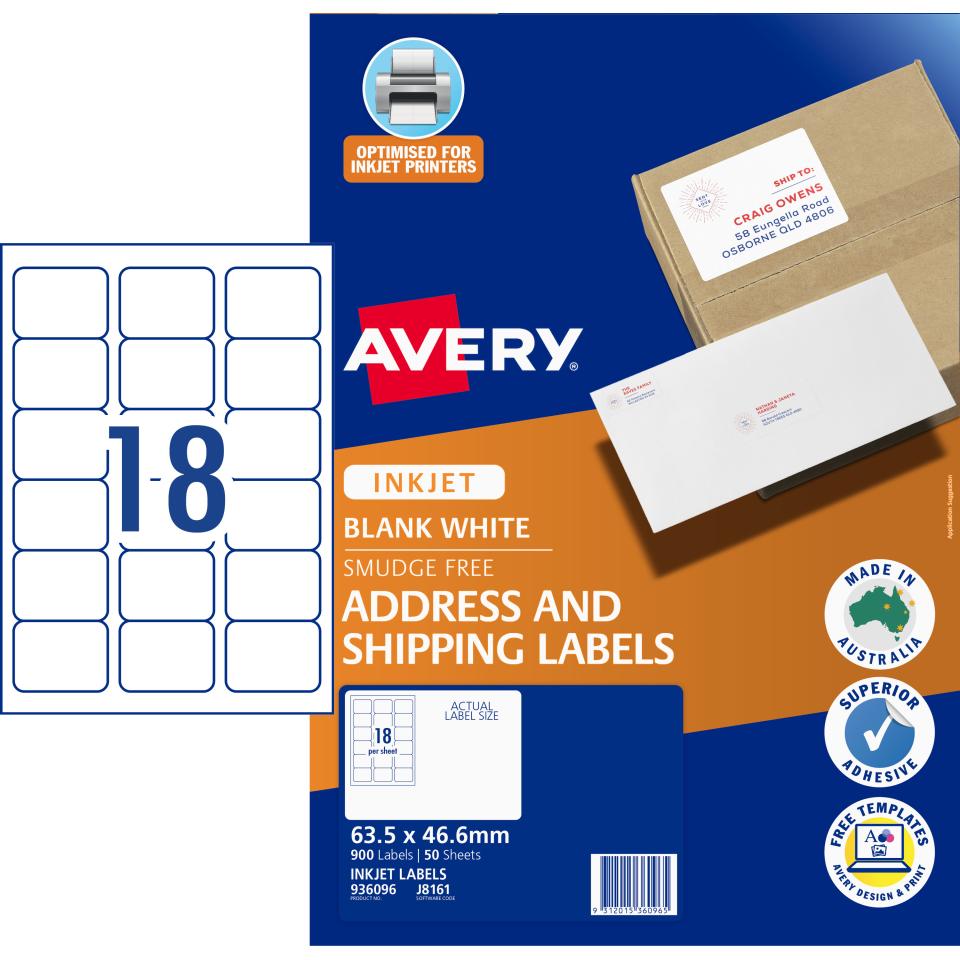 Avery J8161 Address Labels with Quick Peel for Inkjet Printers 63.5 x 46.6mm 900 Labels 